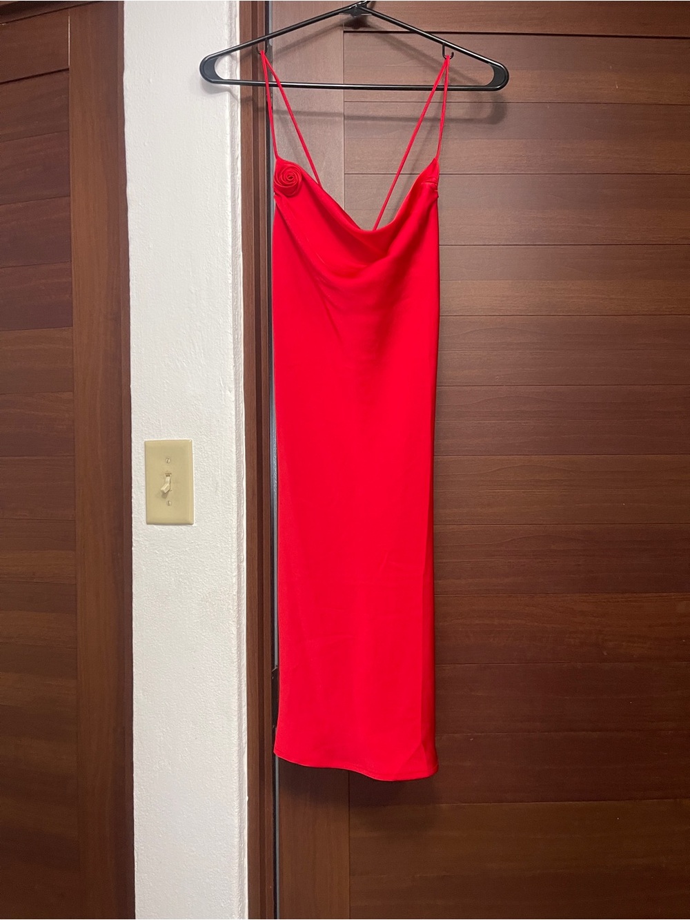 Divided Red Cowl-Neck Satin Slip Midi Dress